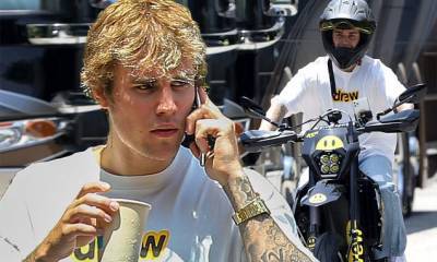 Justin Bieber - Justin Bieber takes a cruise on his custom Drew motorcycle to pick up some coffee in Beverly Hills - dailymail.co.uk - city Beverly Hills