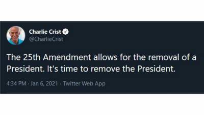 Donald J.Trump - Rep. Crist calls for removal of president under 25th Amendment - fox29.com - Usa