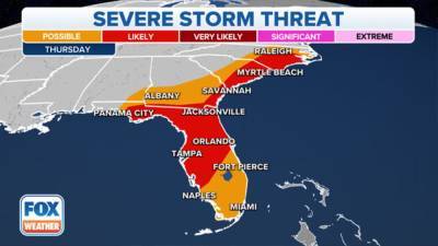 Severe storm threat shifts to Southeast, stretching from Florida to Carolinas - fox29.com - state Florida - county Lake - county Bay - state Louisiana - city Tampa, county Bay - county Charles