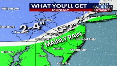 Weather Authority: Morning snow changes to rain on Monday - fox29.com - state Pennsylvania - state New Jersey - state Delaware - county Bucks - county Chester - county Lehigh - county Northampton - Montgomery - county Berks