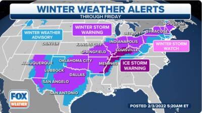Major winter storm crawls east Thursday, bringing heavy snow, ice from Texas to Midwest, Northeast - fox29.com - Usa - state New Jersey - state Texas - state Arkansas - city San Antonio - Mexico - county Rock - state New Mexico - city Little Rock, state Arkansas - county Worth - county Gulf - Austin