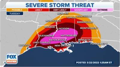 Severe weather could spawn strong tornadoes, destructive winds, large hail Tuesday in South - fox29.com - state Florida - state Texas - state Louisiana - parish Orleans - state Mississippi - city New Orleans - state Alabama - Jackson - county Mobile - city Baton Rouge - city Pensacola, state Florida
